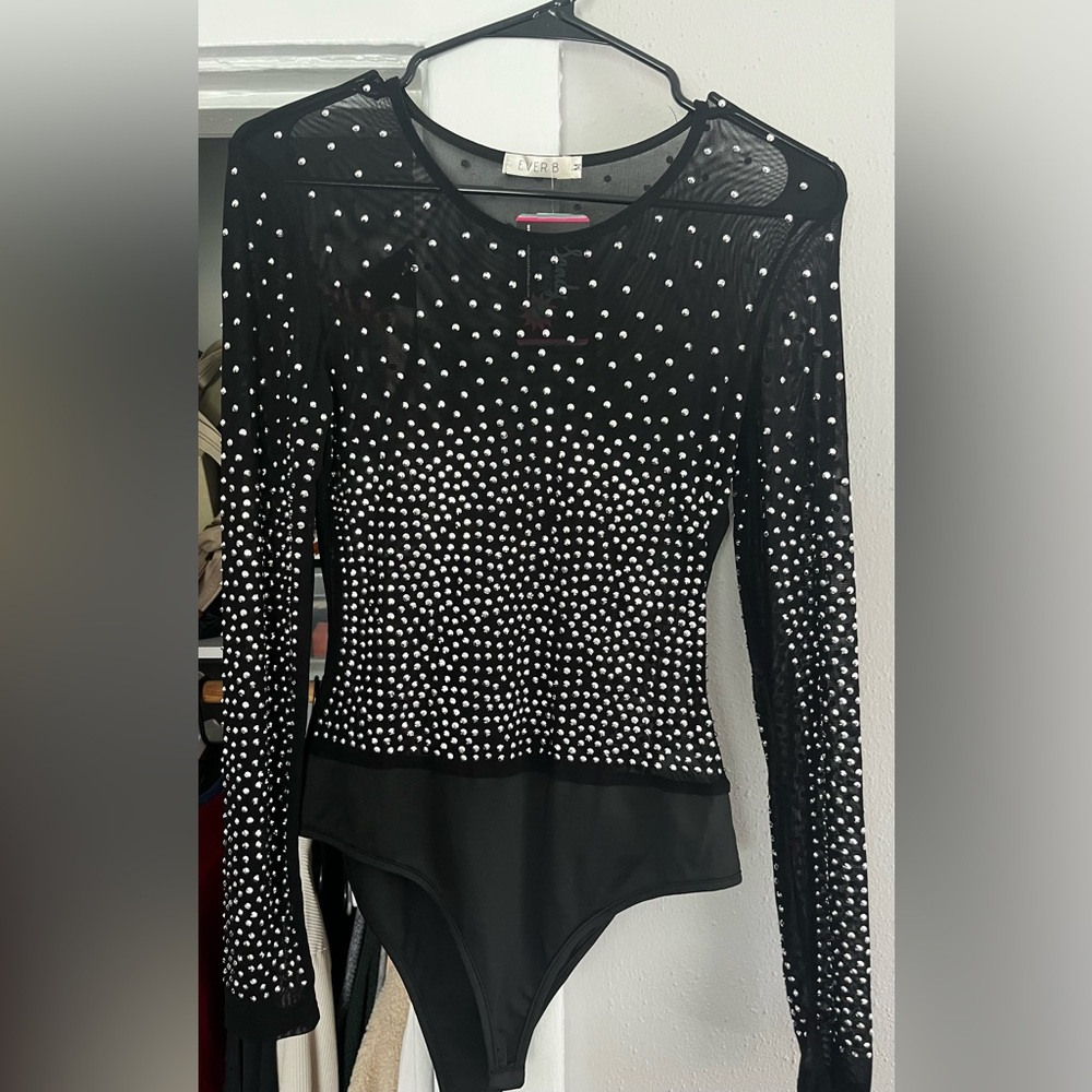 Embellished Black Long Sleeve Bodysuit